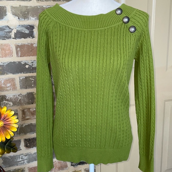Olive Green Cotton Cable Knit Crewneck Sweater Button Accents Preppy Classic SM - Picture 3 of 10